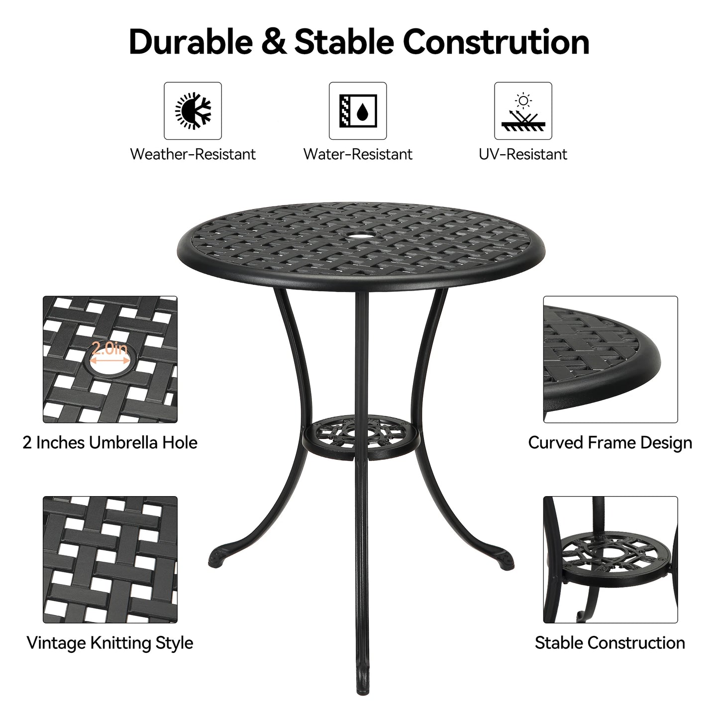 HiMISS Marine Grade Aluminum Outdoor All Weather Bistro Table With Umbrella Hole