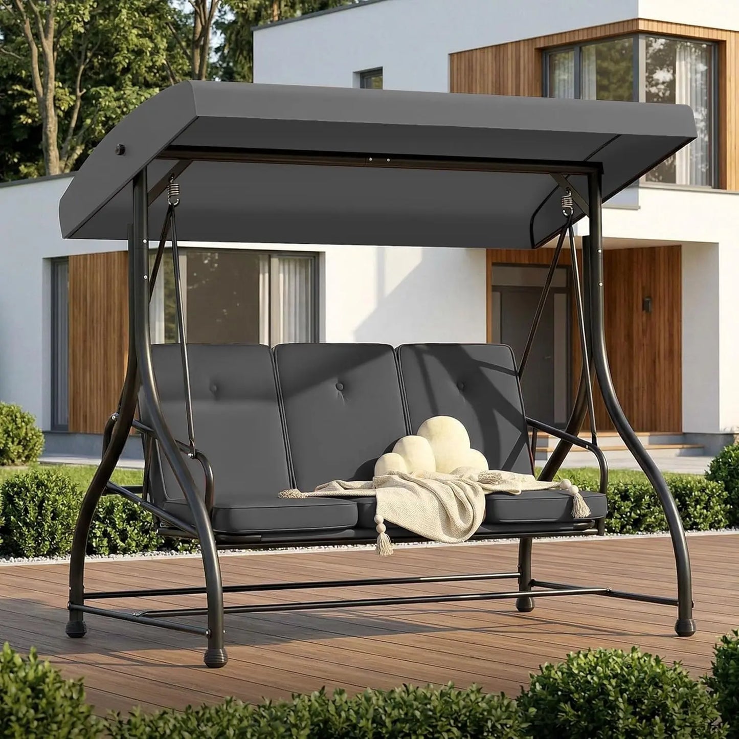 Three Seat Outdoor Patio Swing With Adjustable Canopy And Cushions