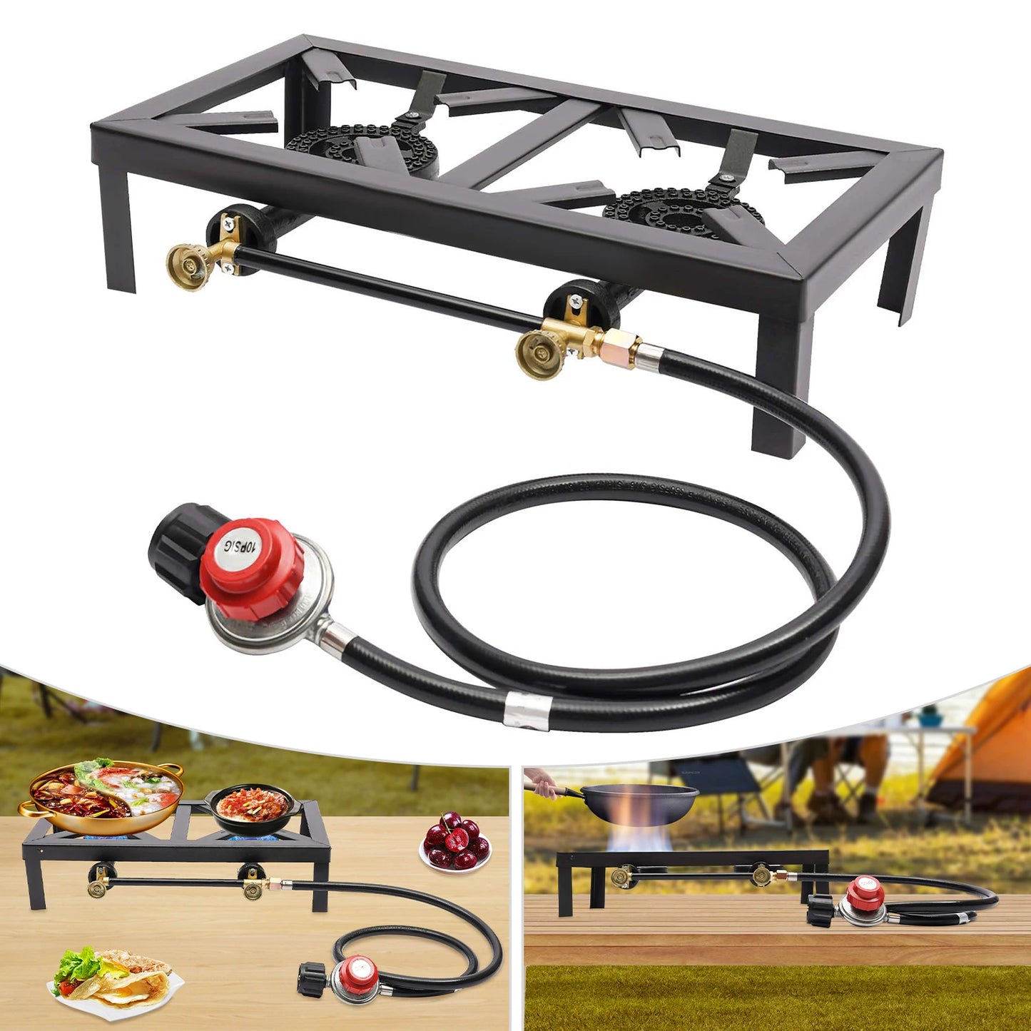 Portable Outdoor Double Burner Gas Stove With Adjustable Regulator Hose