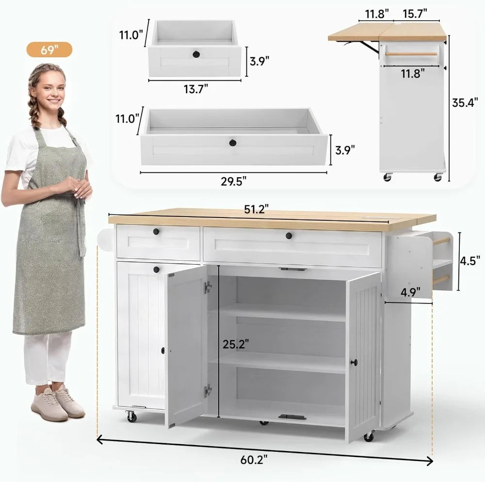 Kitchen Island With Power Outlet, Drop Leaf, Spice Rack, Knife Holder