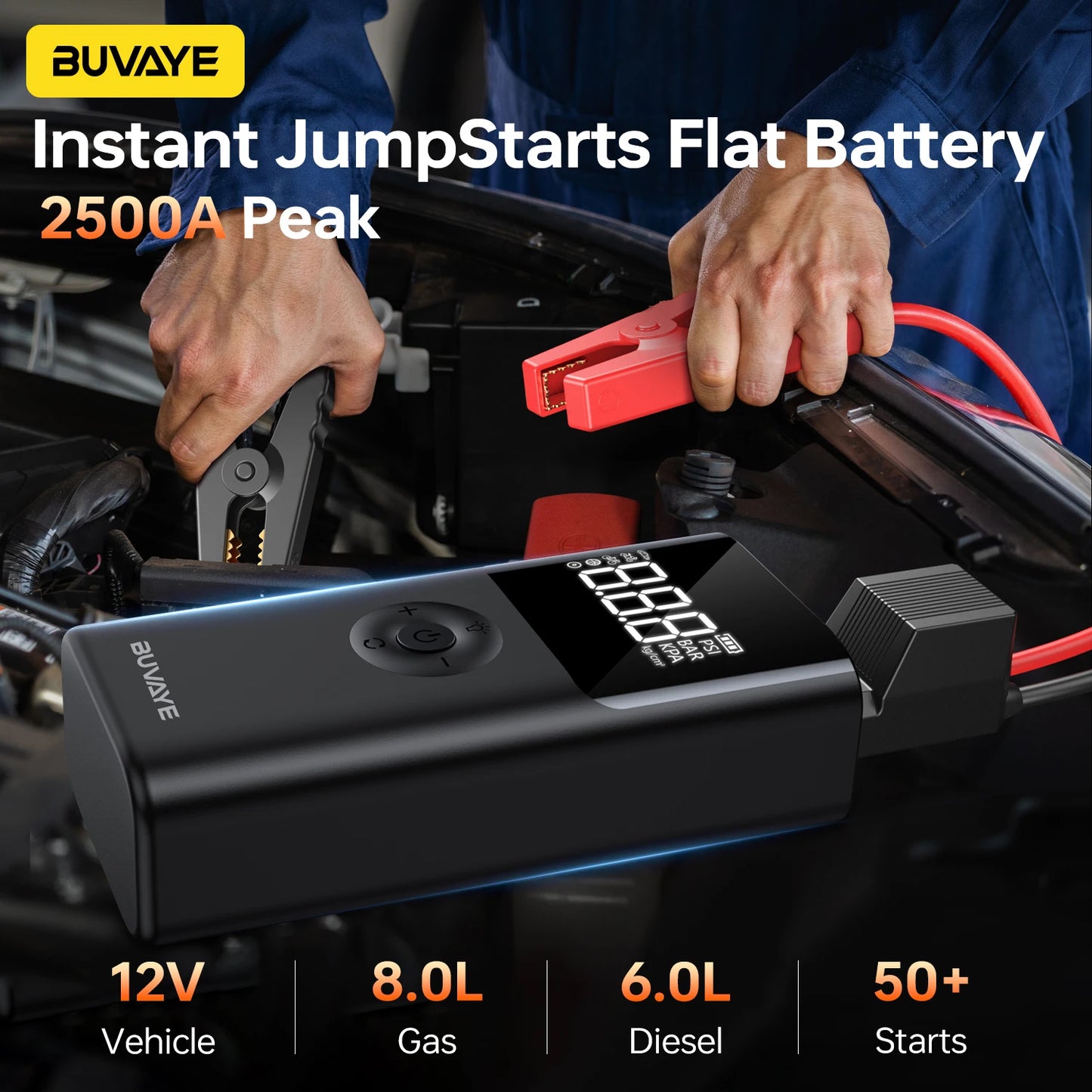BUVAYE 12V Car Jump Starter With 150 PSI Air Compressor And Power Bank