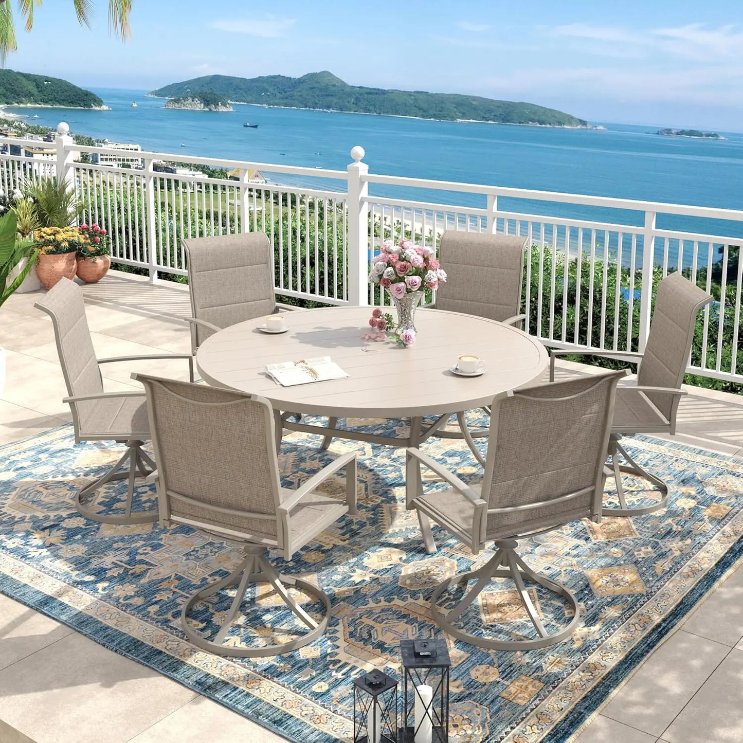 Outdoor Seven Piece Patio Dining Set With Textilene Swivel Chairs