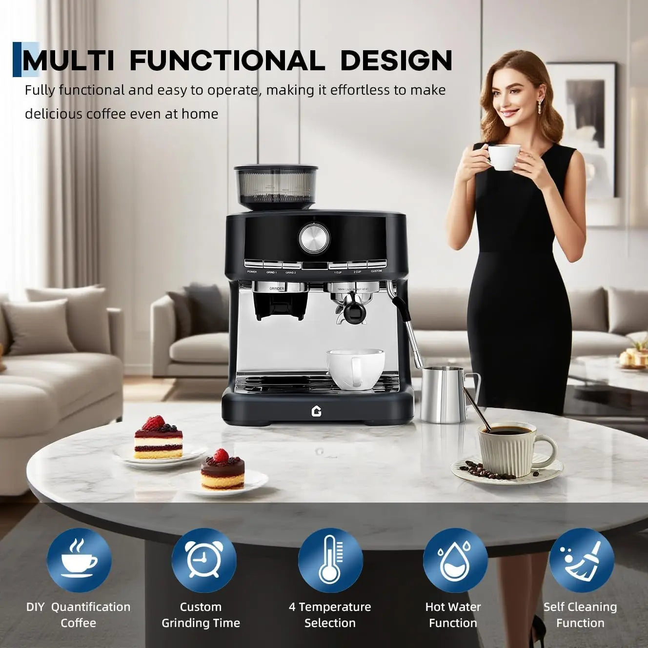 Espresso Machine With Grinder Semi Automatic Italian Pressure Extraction