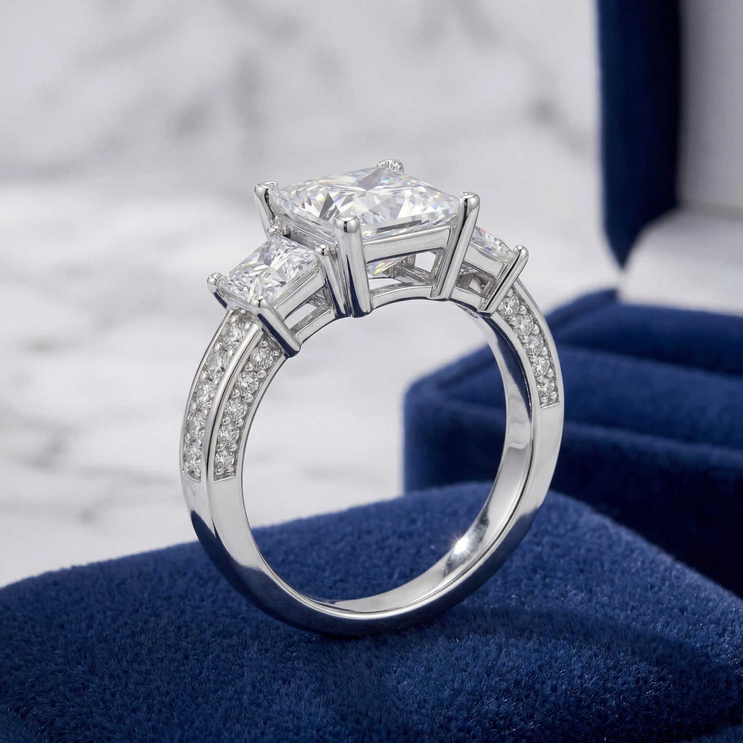 Lyee Cyee Princess Cut Three Stone Moissanite Silver Ring
