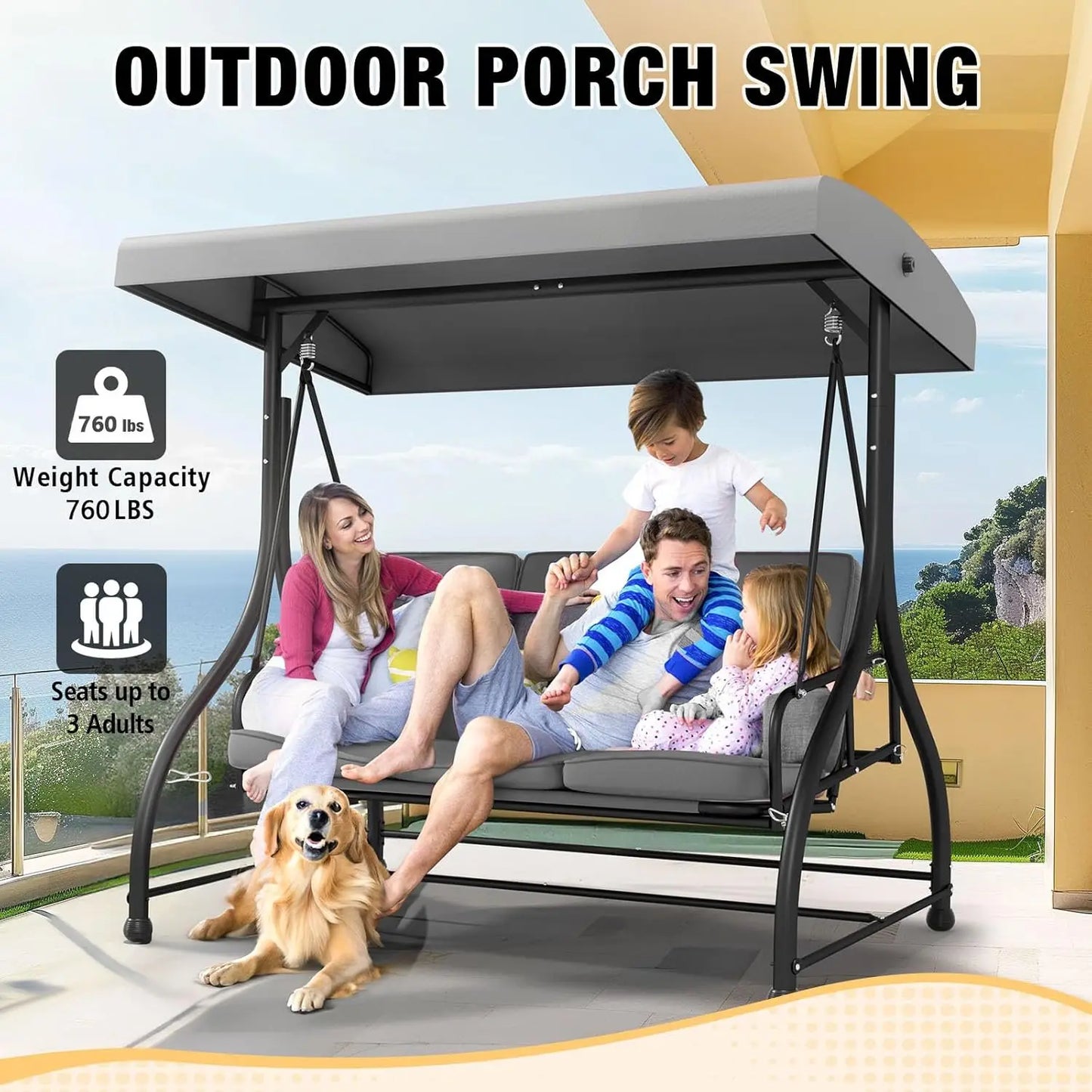 Three Seat Outdoor Patio Swing With Adjustable Canopy And Cushions