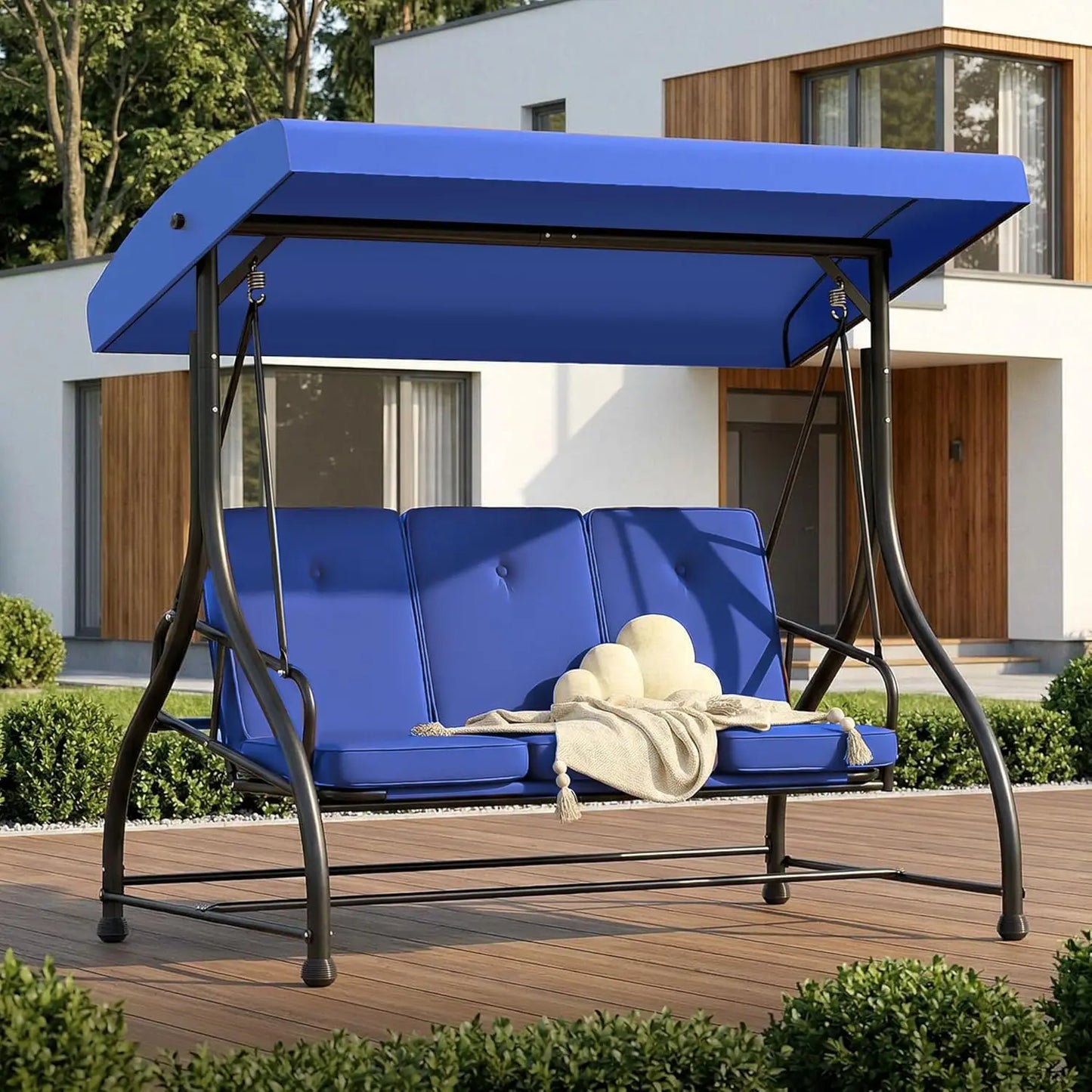 Three Seat Outdoor Patio Swing With Adjustable Canopy And Cushions