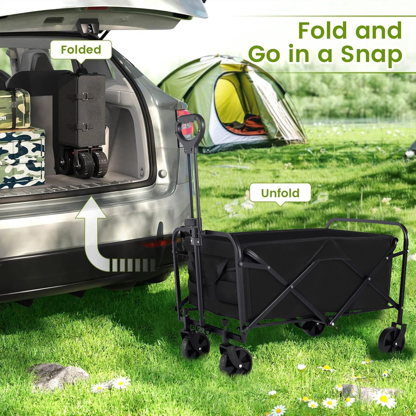 Heavy Duty Folding Wagon Cart All Terrain Wheels With Drink Holders