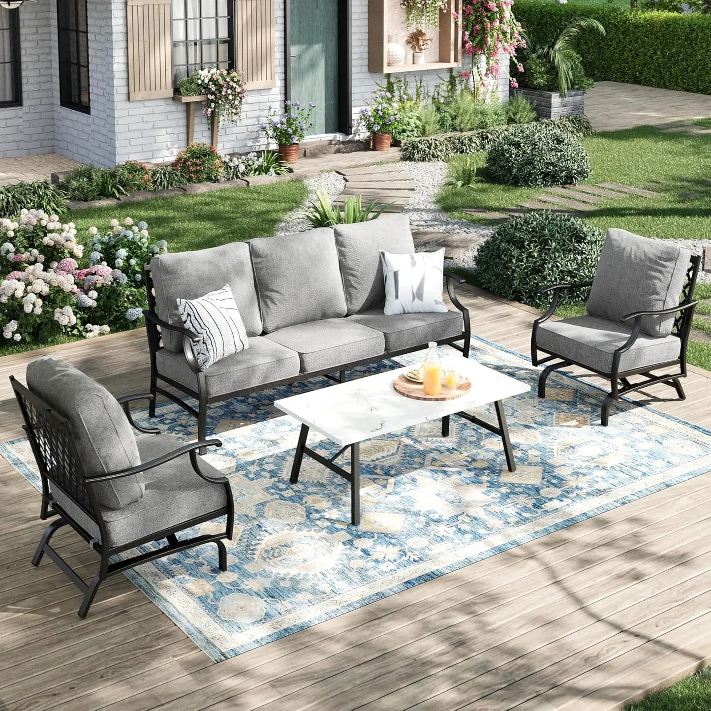 Patio Furniture Set 4-Piece Outdoor Metal Includes Sofa Swivel Chairs