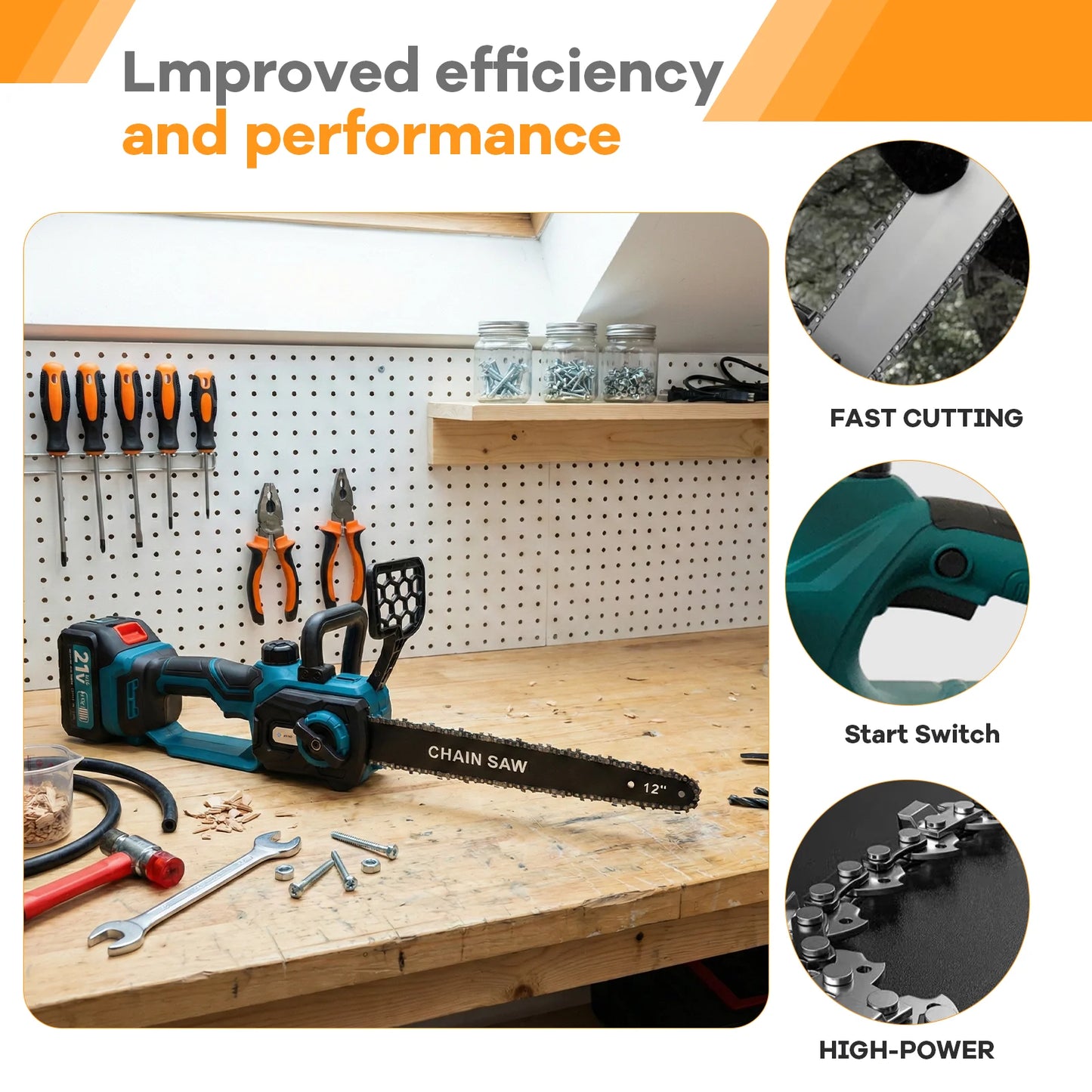 Cordless Electric Chainsaw With 21V 2x3000mAh Batteries