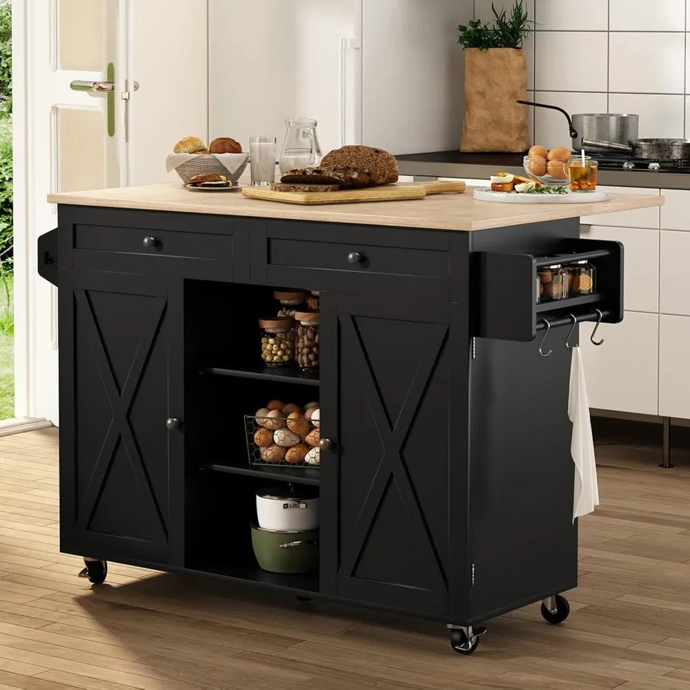 Mobile Kitchen Island On Wheels With Drop Leaf Countertop Barn Door