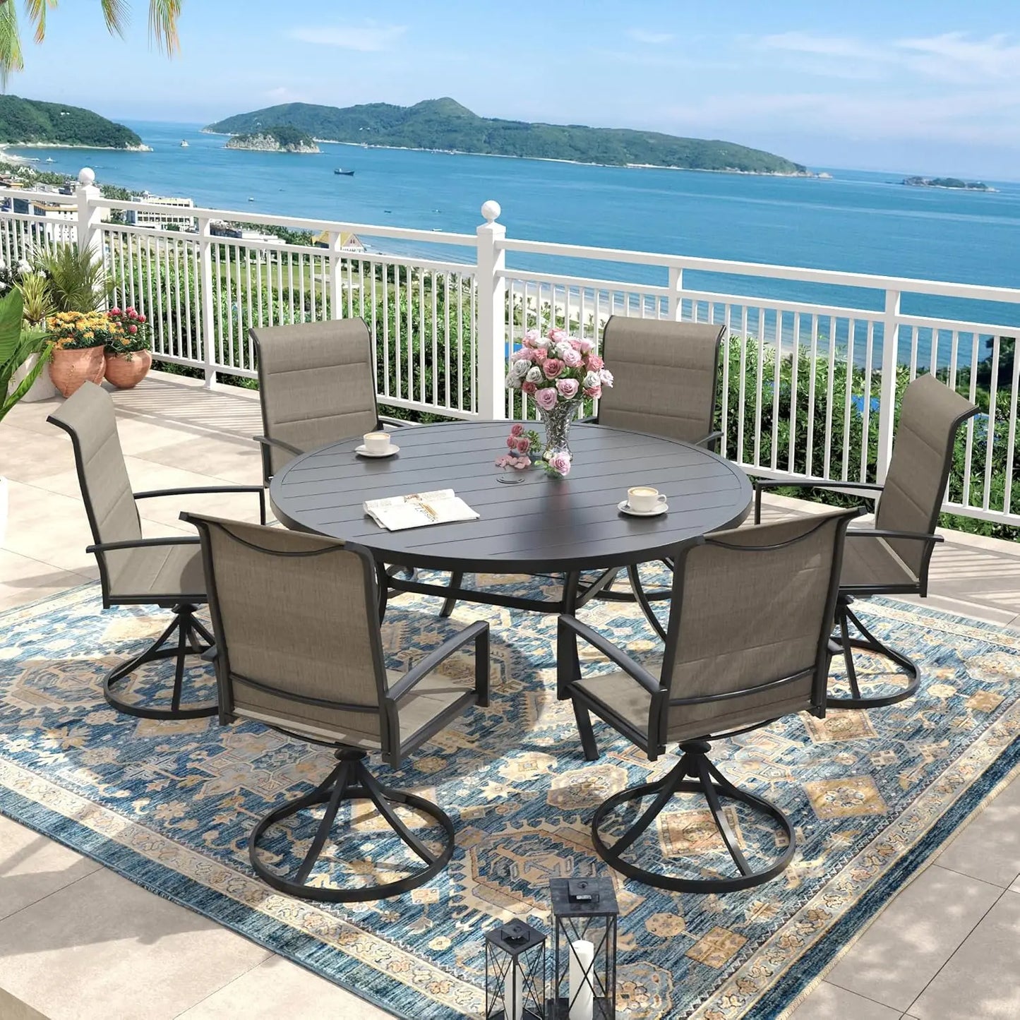 Outdoor Seven Piece Patio Dining Set With Textilene Swivel Chairs