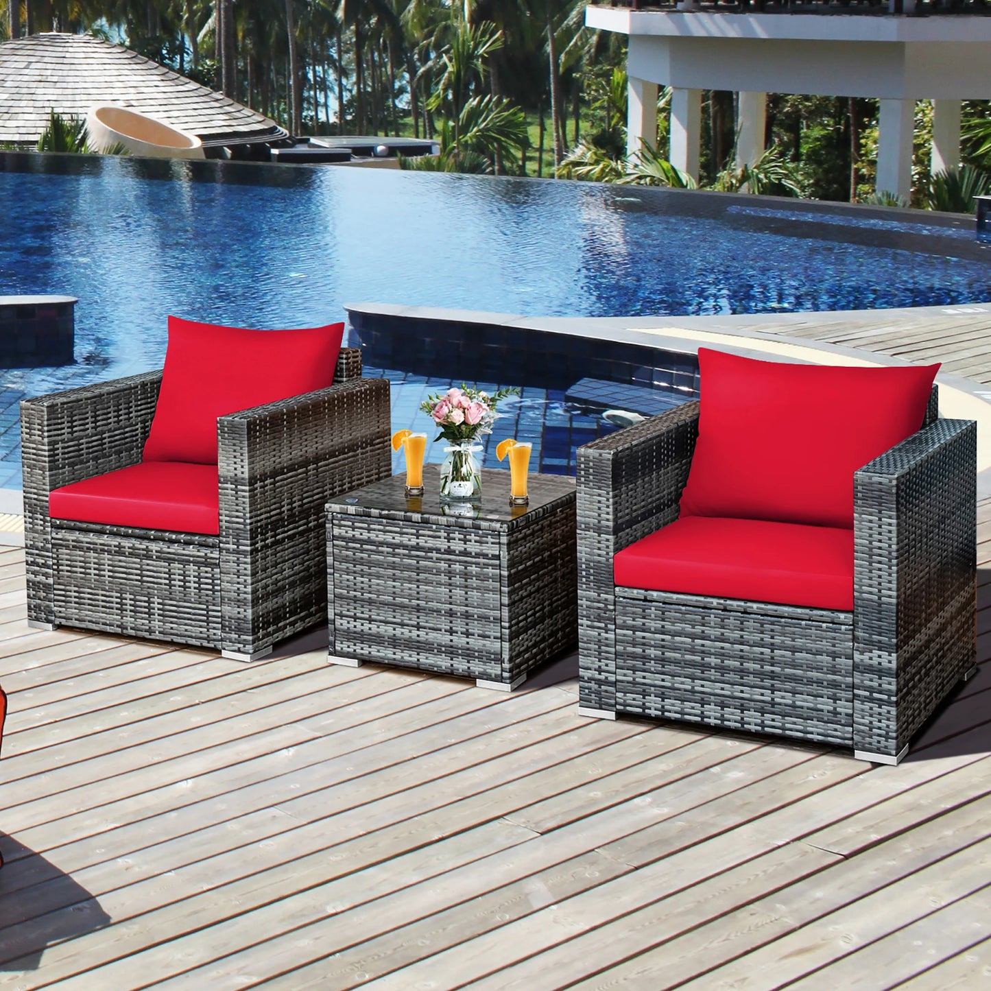 HOMASIS 3 Piece Patio Rattan Furniture Bistro Set Cushioned