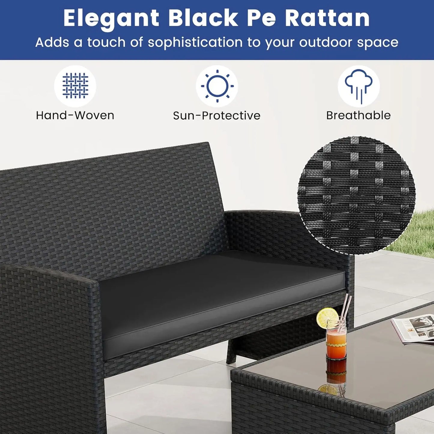 Patio Wicker Furniture Set With Cushioned Chairs And Glass Table