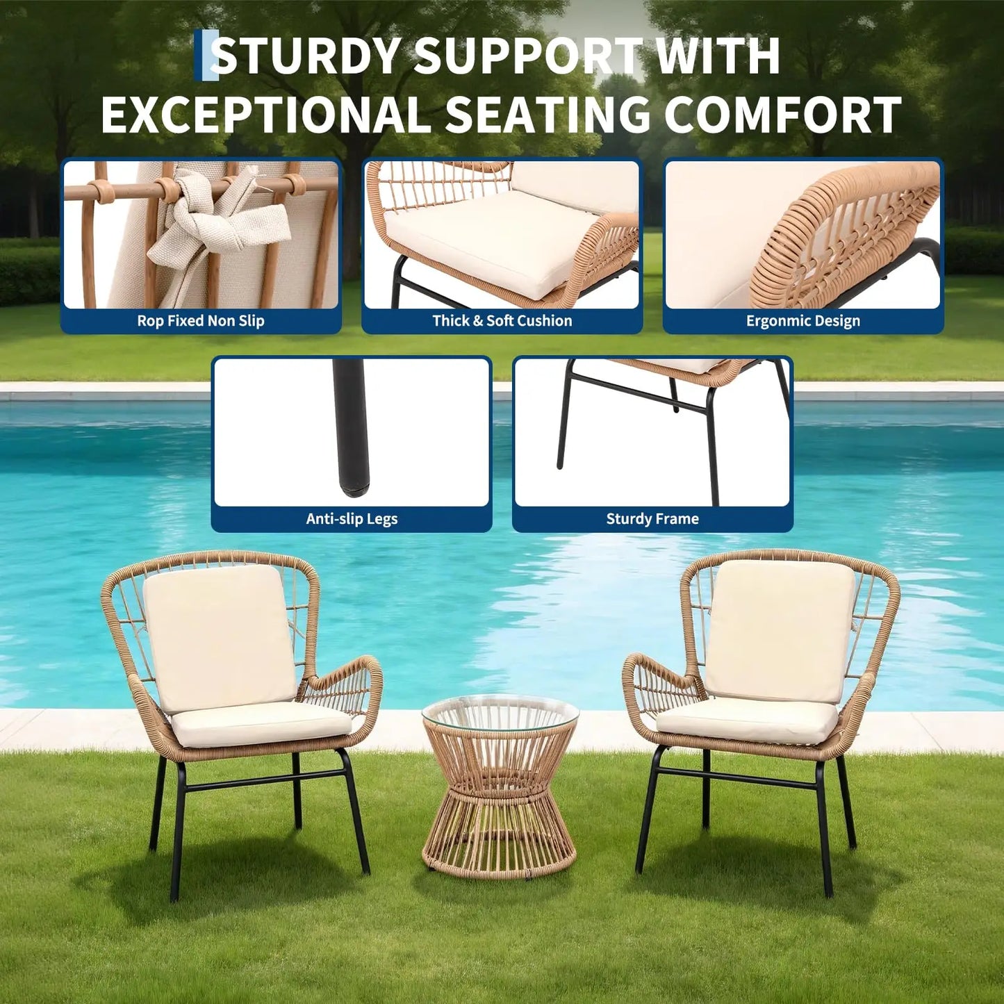 HobbyLane Boho 3-Piece Outdoor Patio Rattan Set With Cushioned Chairs