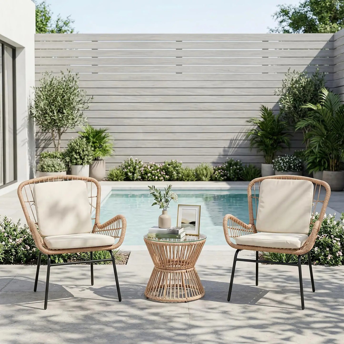 HobbyLane Boho 3-Piece Outdoor Patio Rattan Set With Cushioned Chairs