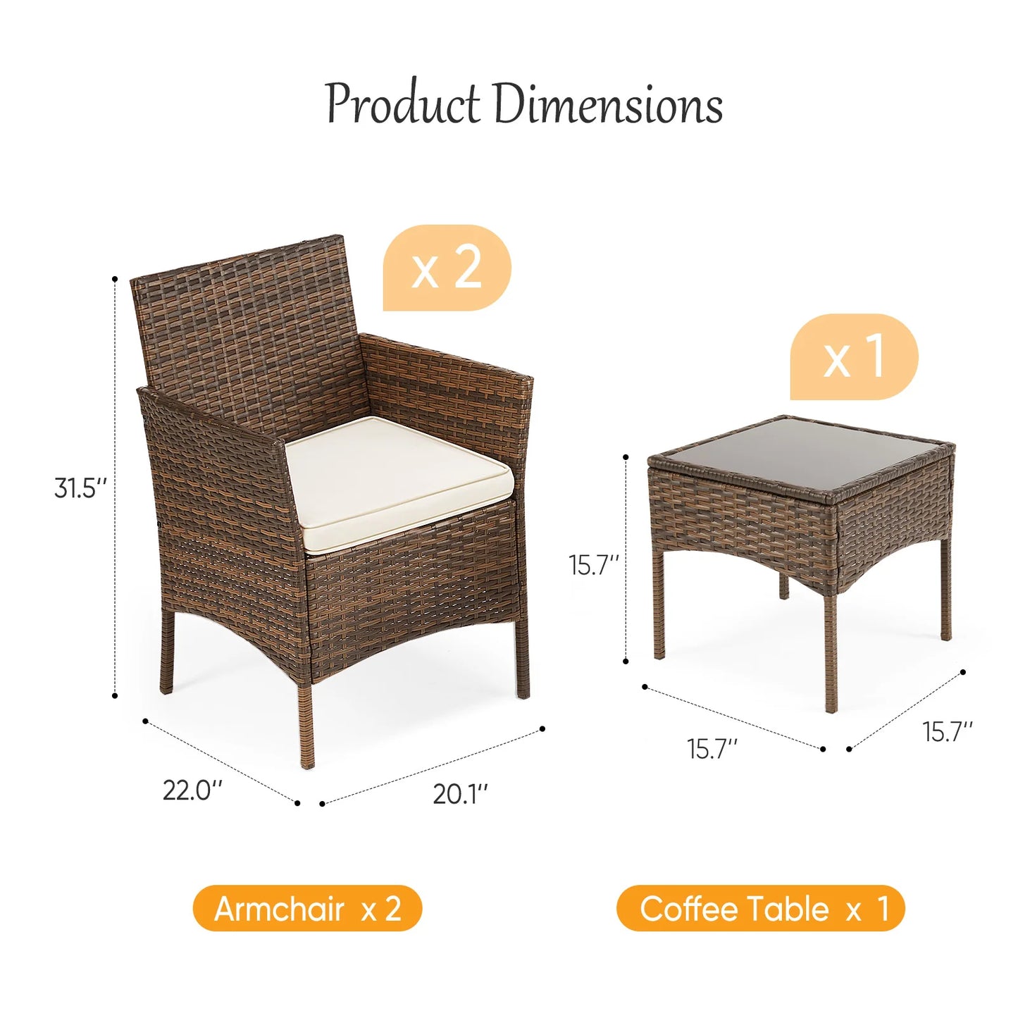 JHK Outdoor 3-Piece Wicker Rattan Patio Set with Glass Table