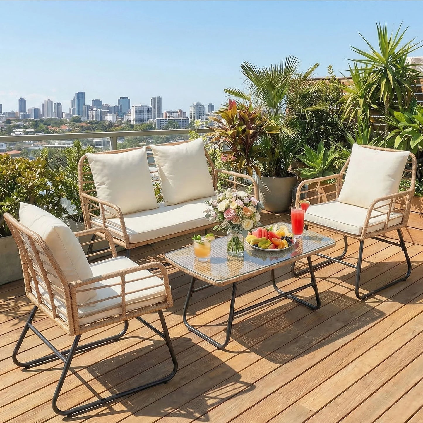 Outdoor Wicker Patio Set 4 Pieces With Soft Cushions