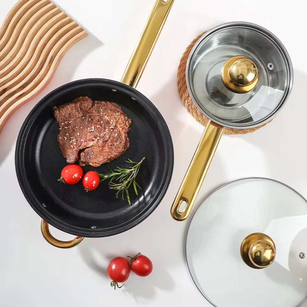 12PCS Stainless Steel Colored Cookware Set Milk Pot Pan Frying Pot Kitchenware Non-stick Pan Gold-plated Handle Soup Pot