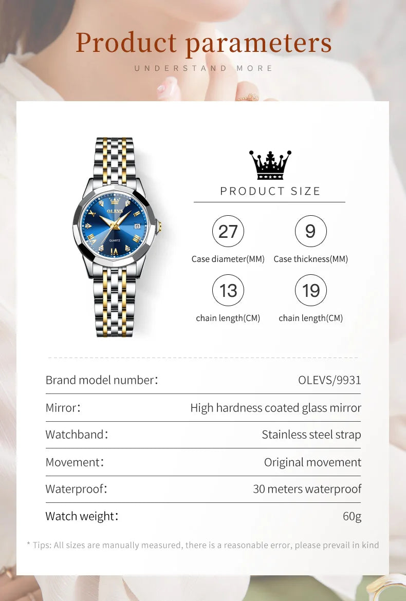 OLEVS 9931 Quartz Women's Watch Stainless Steel Dual Calendar Waterproof