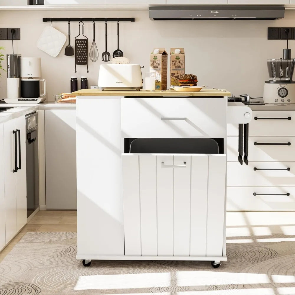 Rolling Kitchen Island On Wheels With Trash Bin Storage And Racks