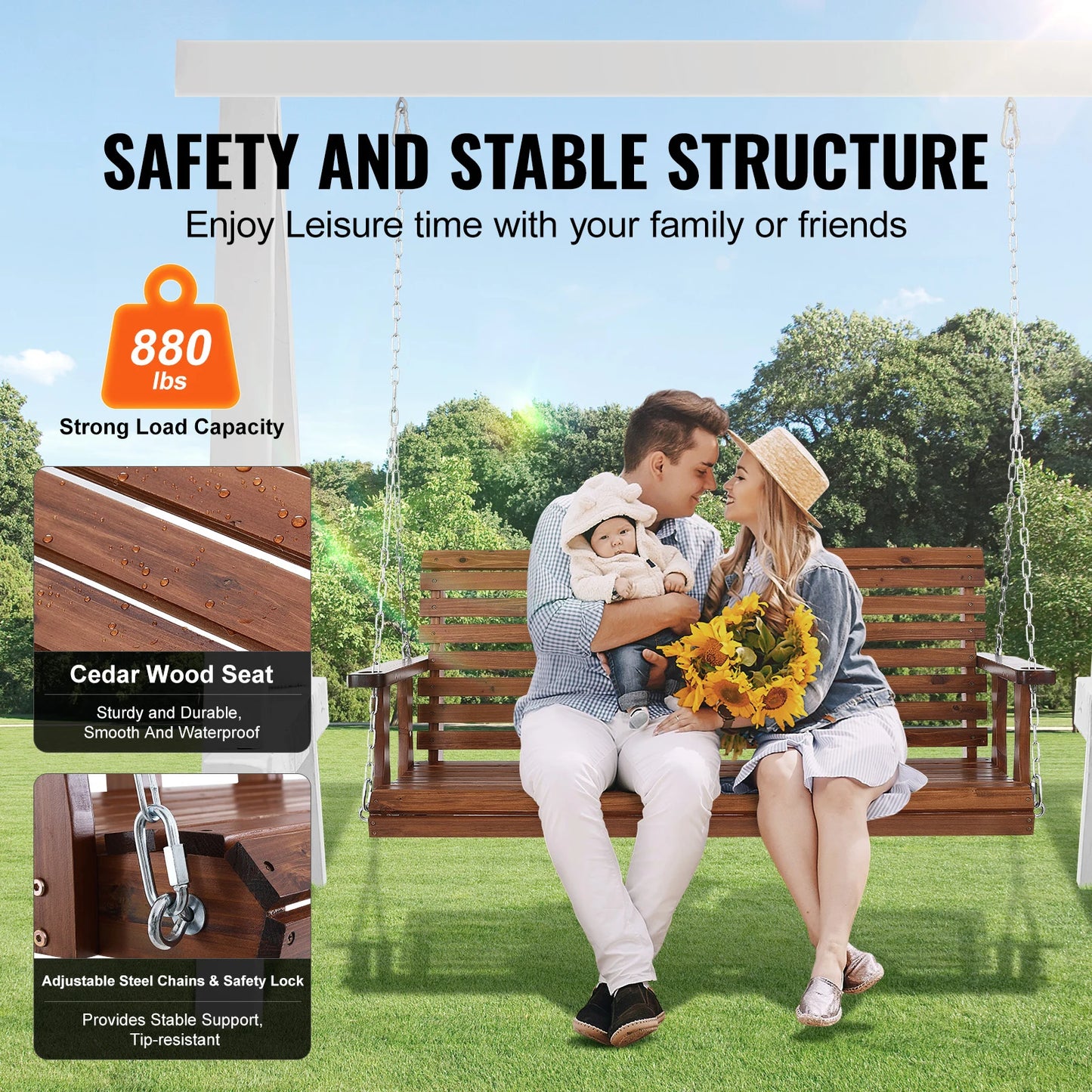 SucceBuy Wooden Porch Swing For Patio Garden Outdoor Bench