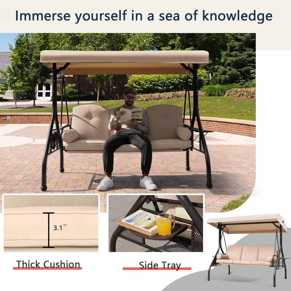 Patio Porch Swing 3-Seat Outdoor With Adjustable Canopy