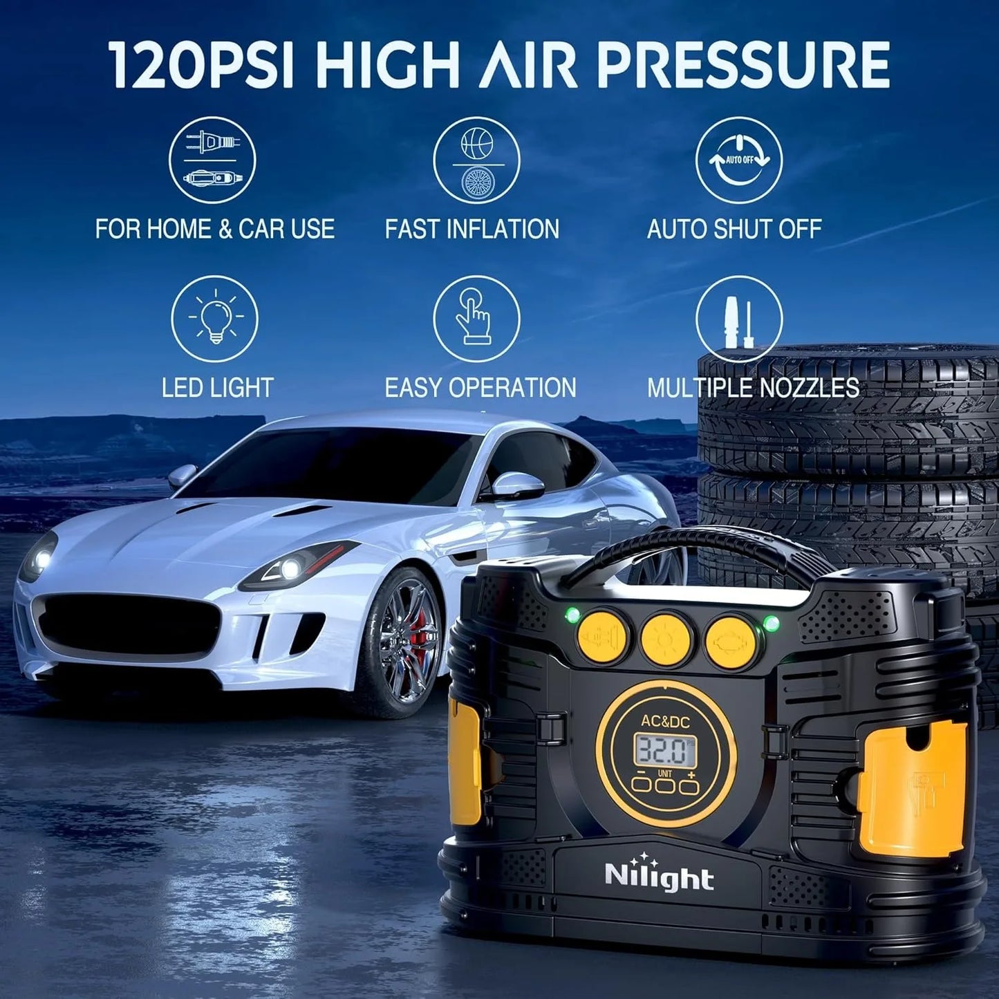 Tire Inflator Portable Air Compressor Dual Power for Cars