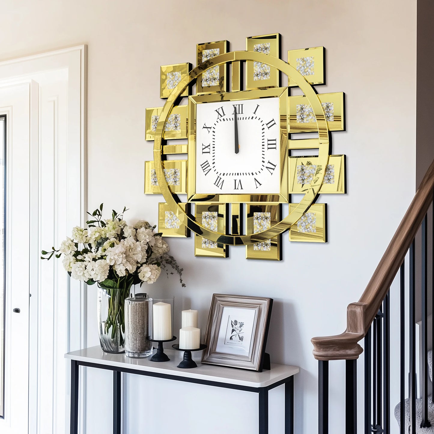 Crush Diamond Mirrored Wall Clock Quartz Roman Numerals Living Room