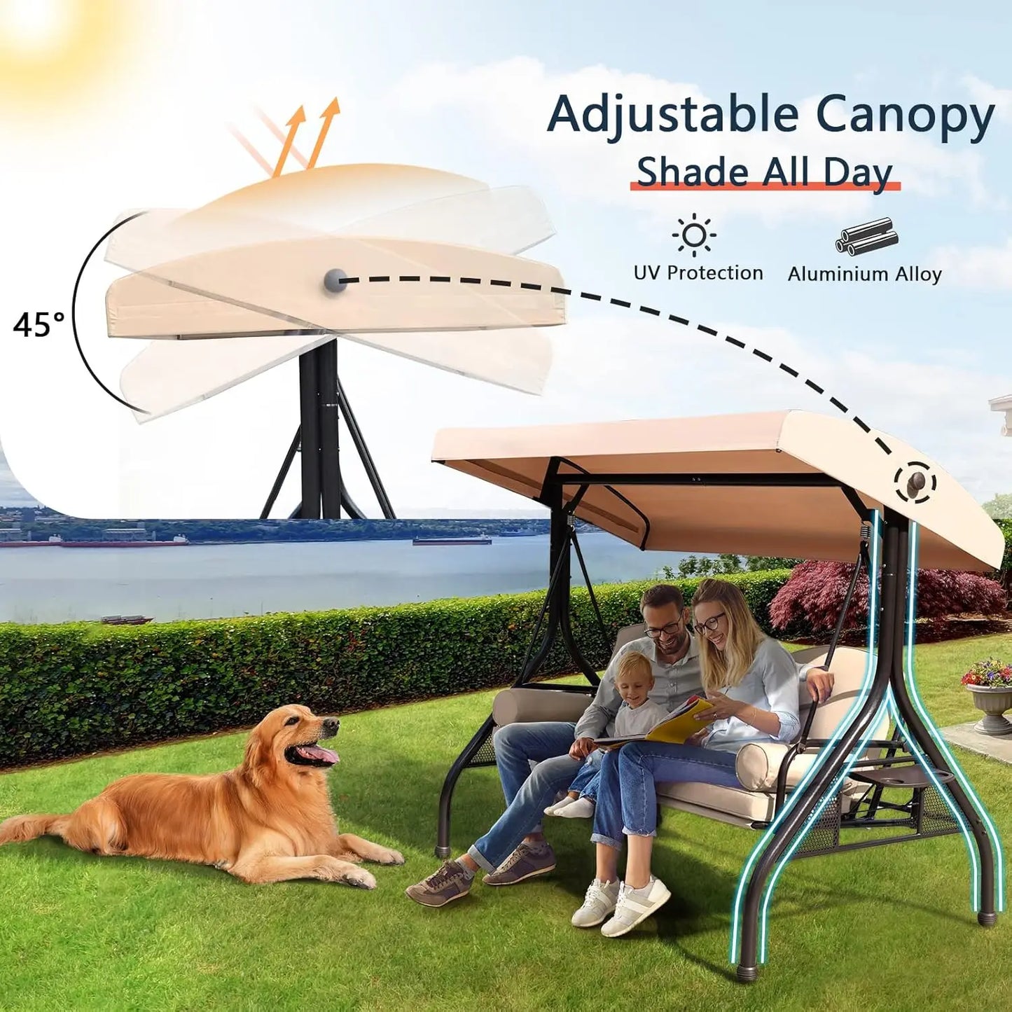 General Use Outdoor 3 Seat Patio Swing With Adjustable Canopy
