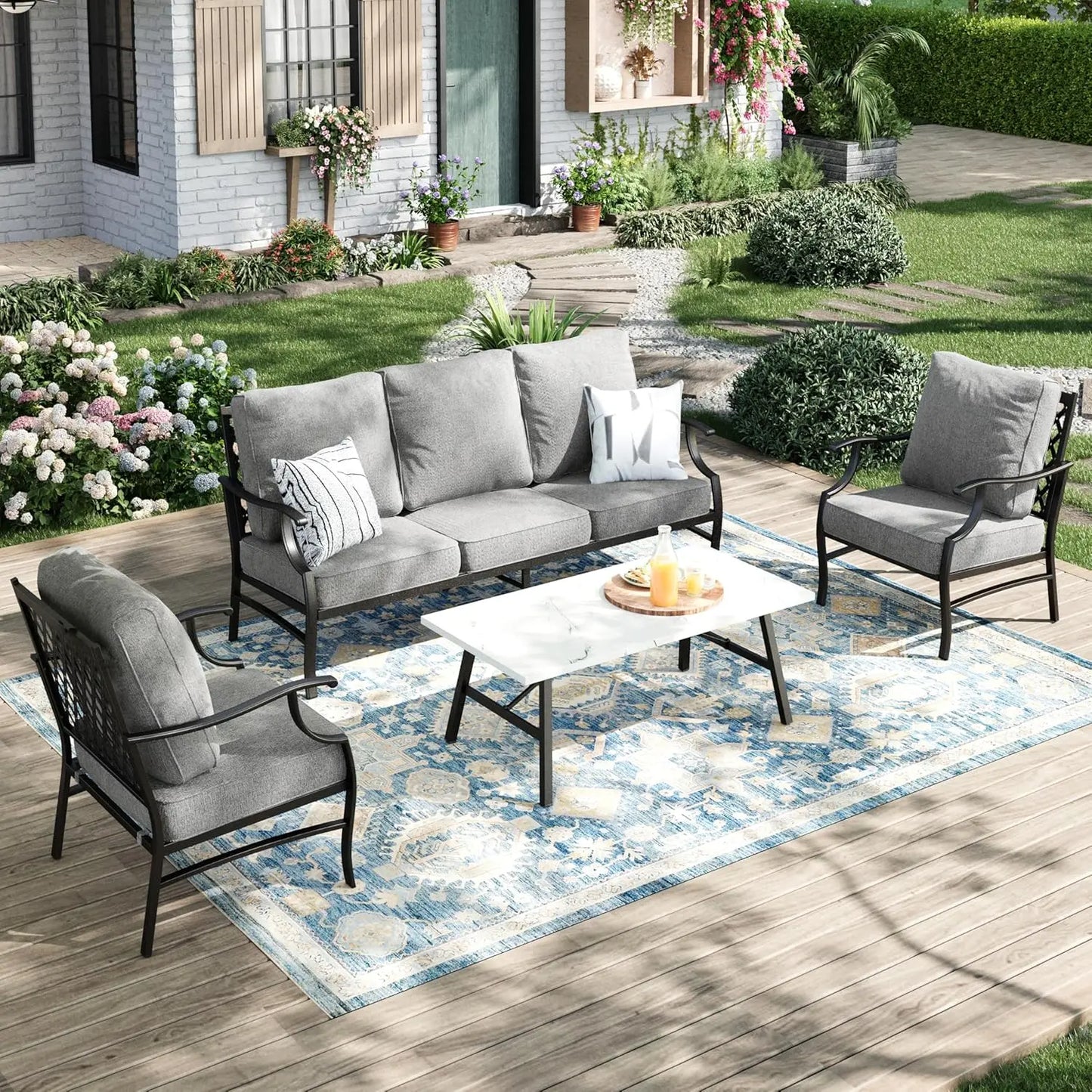 Patio Furniture Set 4-Piece Outdoor Metal Includes Sofa Swivel Chairs