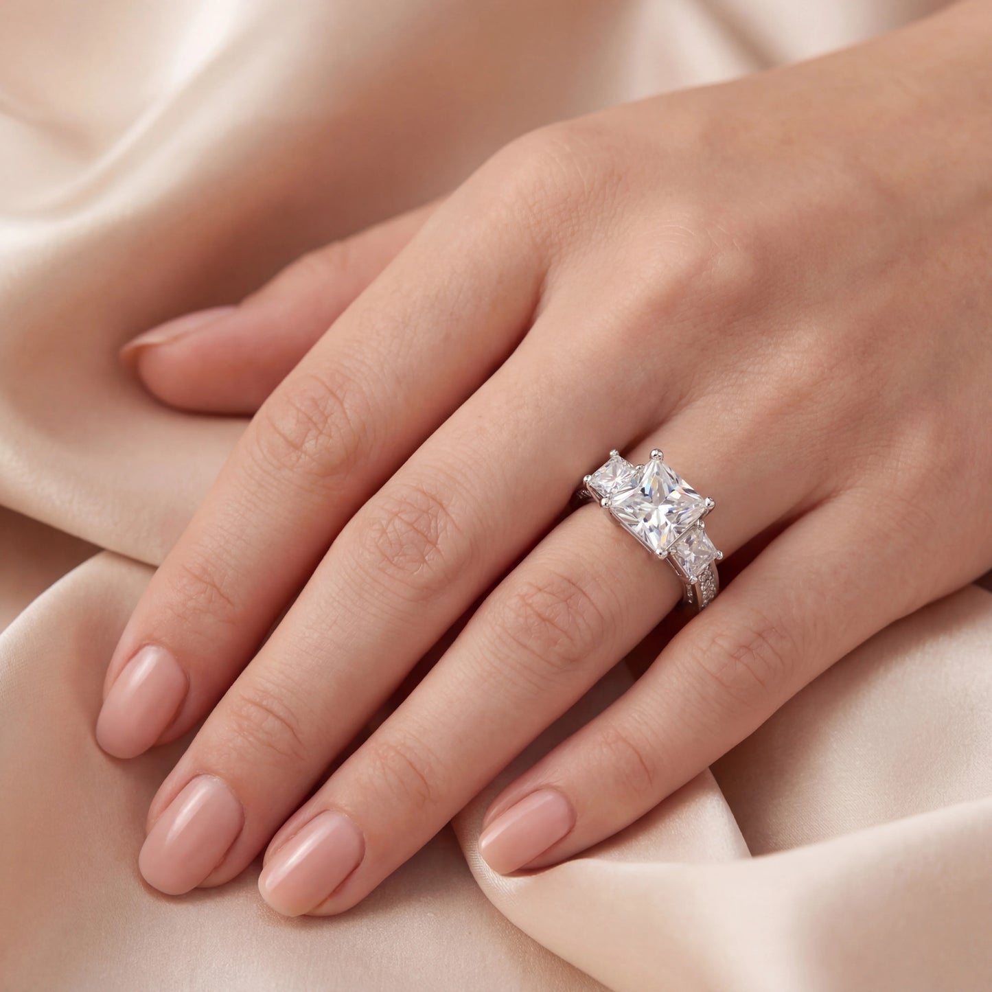 Lyee Cyee Princess Cut Three Stone Moissanite Silver Ring