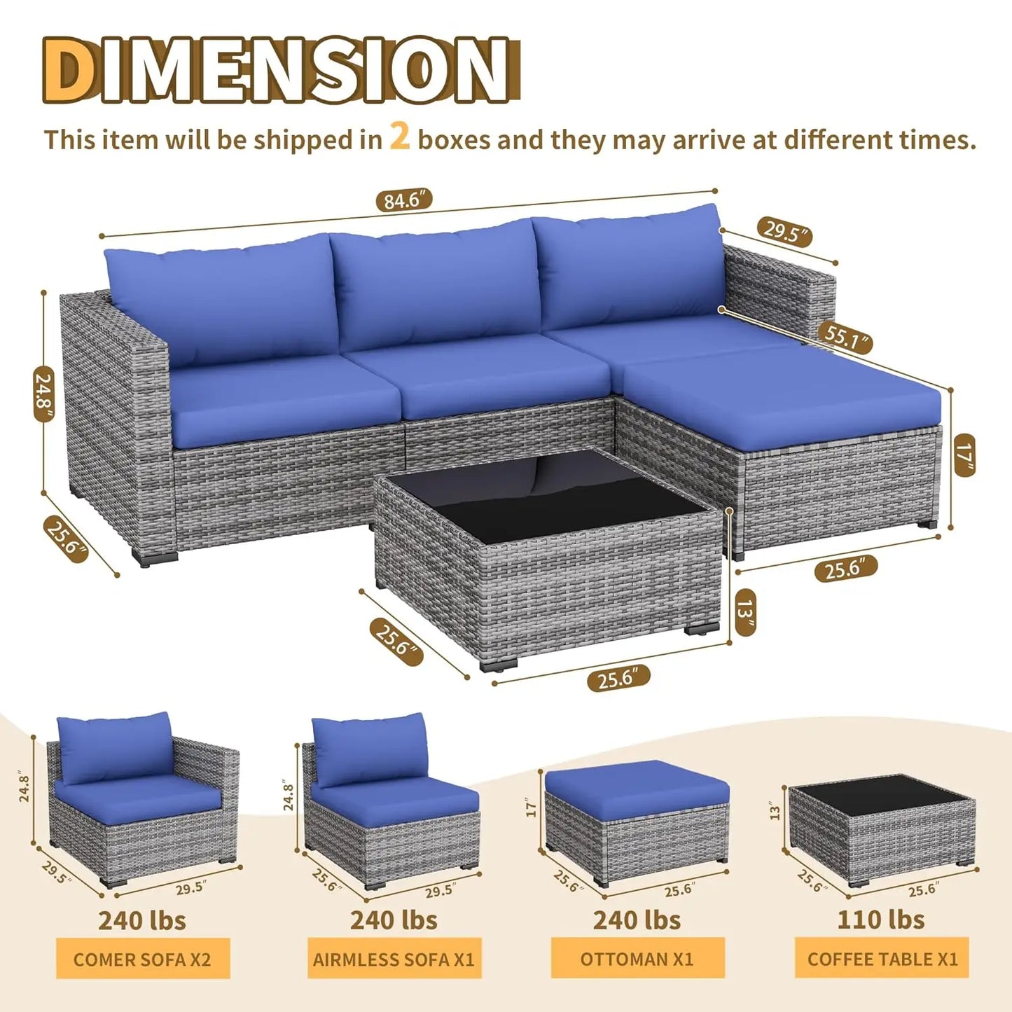 5 Piece Patio Furniture Set All-Weather Wicker Outdoor Sectional