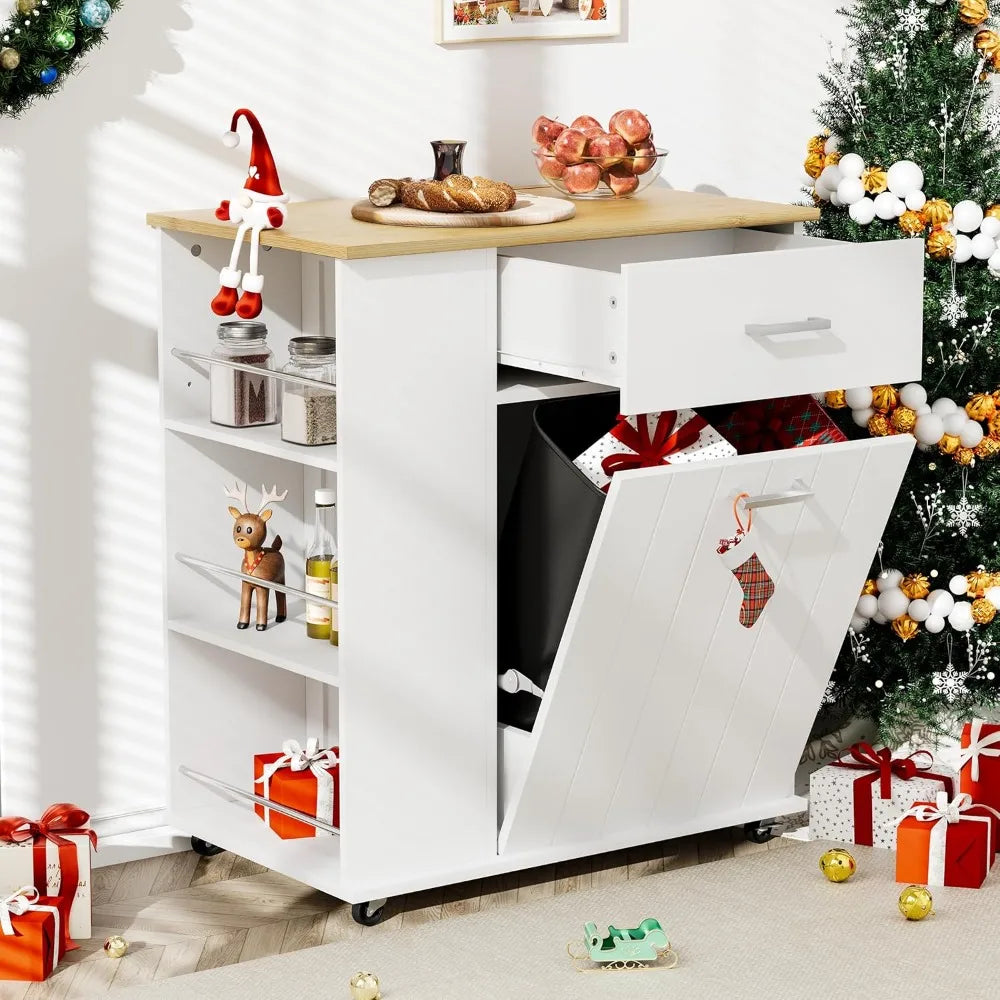 Rolling Kitchen Island On Wheels With Trash Bin Storage And Racks