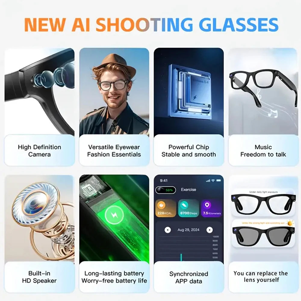 SENBONO Smart Glasses AI Translator 8MP Camera 4K Video