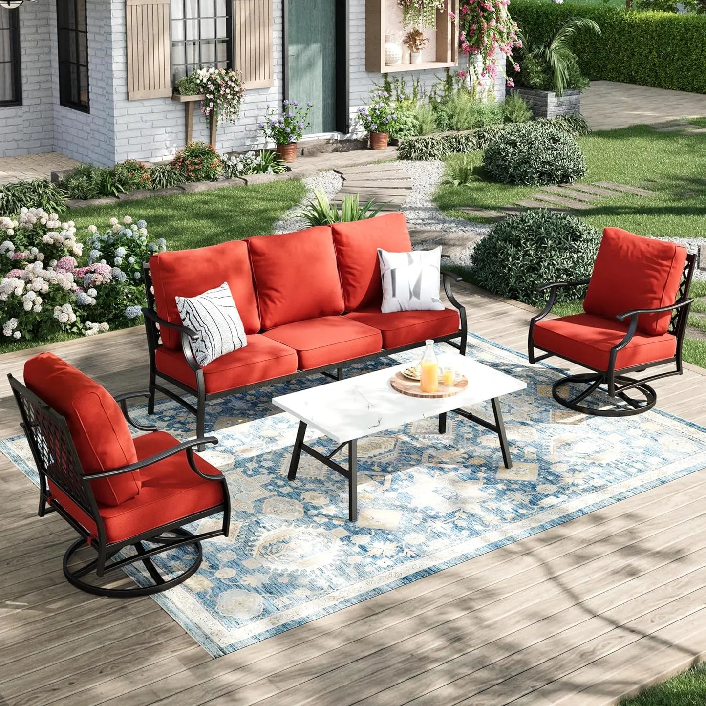 Patio Furniture Set 4-Piece Outdoor Metal Includes Sofa Swivel Chairs
