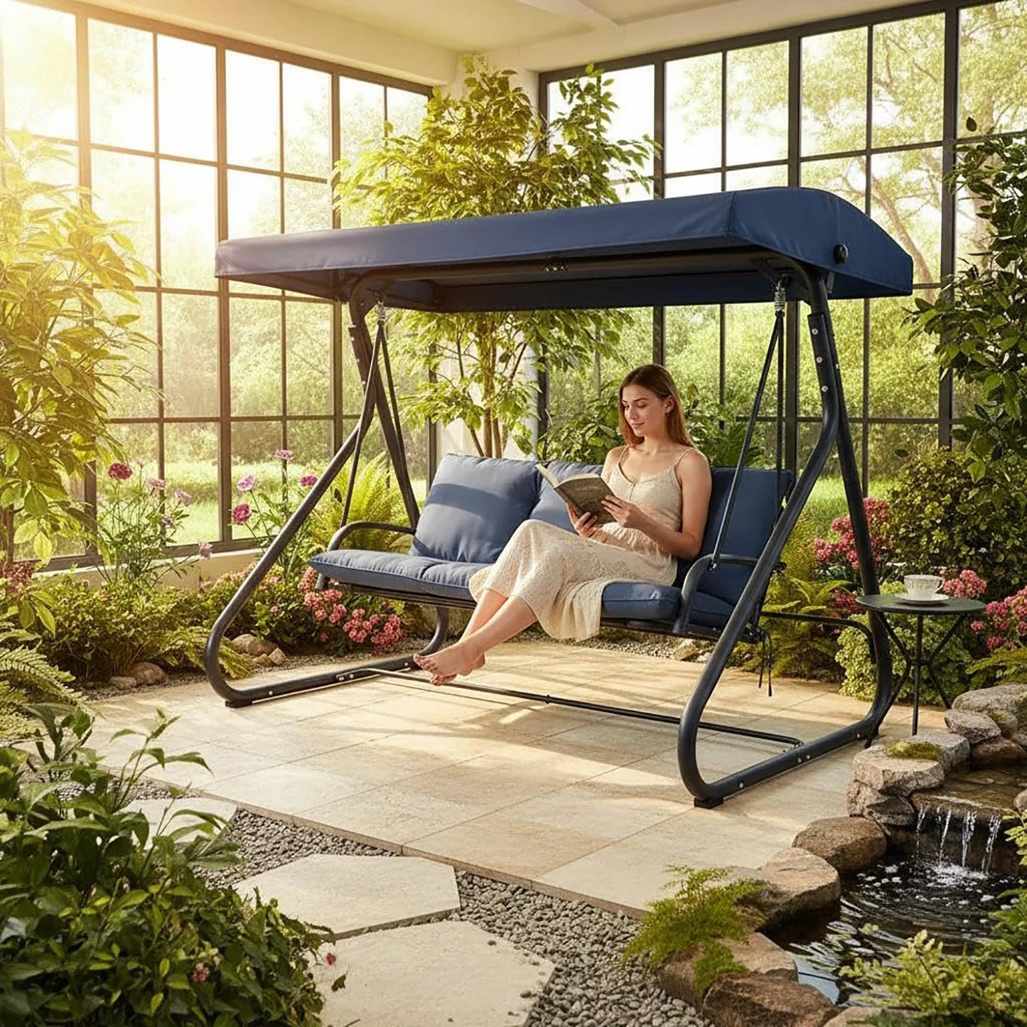 HiMISS 3-Seat Convertible Outdoor Swing Bed With Canopy