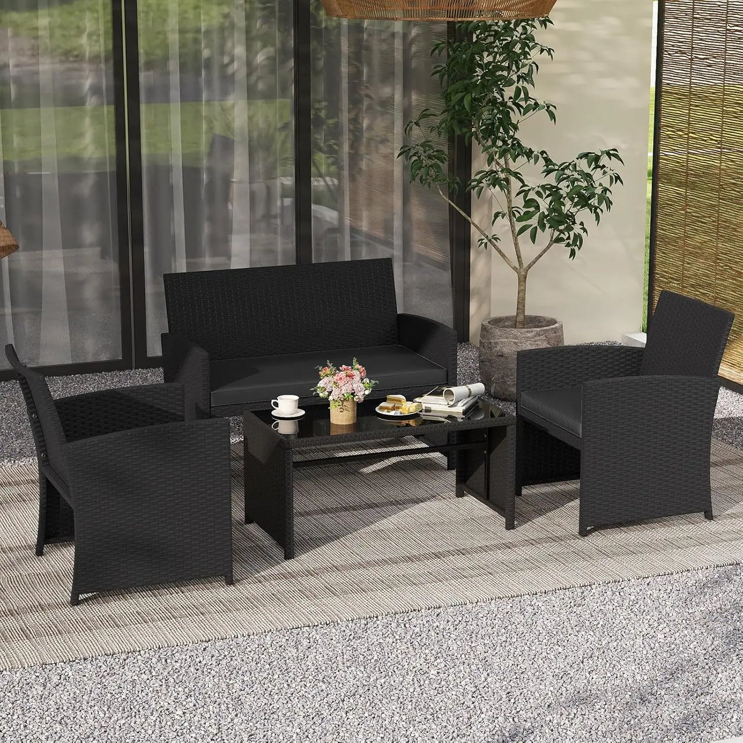 Patio Wicker Furniture Set With Cushioned Chairs And Glass Table