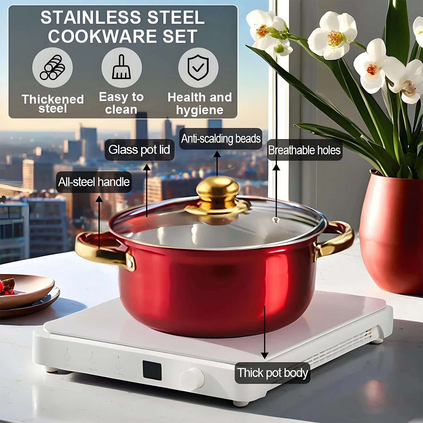 12PCS Stainless Steel Colored Cookware Set Milk Pot Pan Frying Pot Kitchenware Non-stick Pan Gold-plated Handle Soup Pot