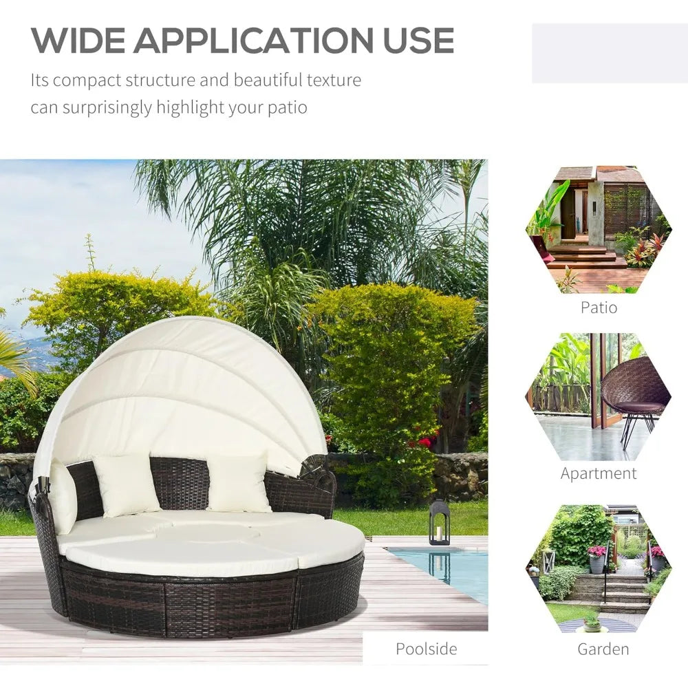 4-Piece Round Convertible Outdoor Daybed Set With Cushions Rattan Canopy