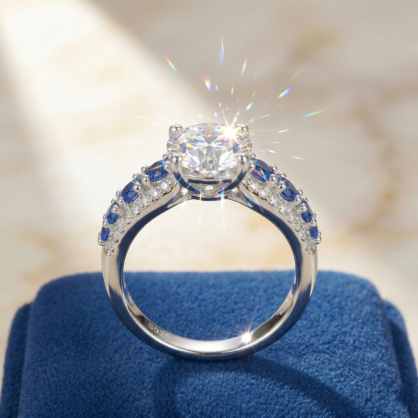 Moissanite Ring 925 Silver D Color VVS1 Sapphire Side Stones