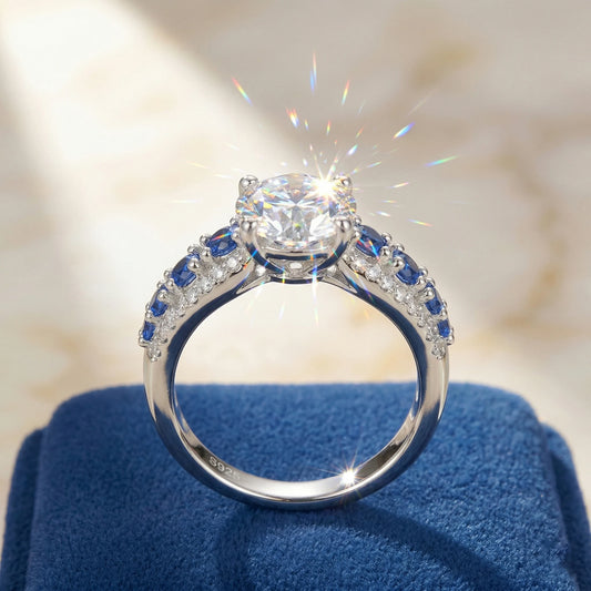 Moissanite Ring 925 Silver D Color VVS1 Sapphire Side Stones