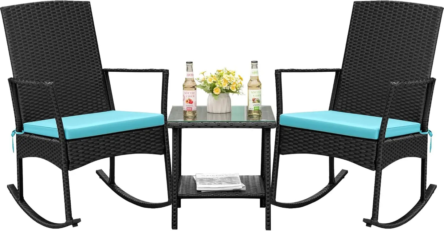 Outdoor PE Rattan Rocking Chair With Glass Table Patio Set