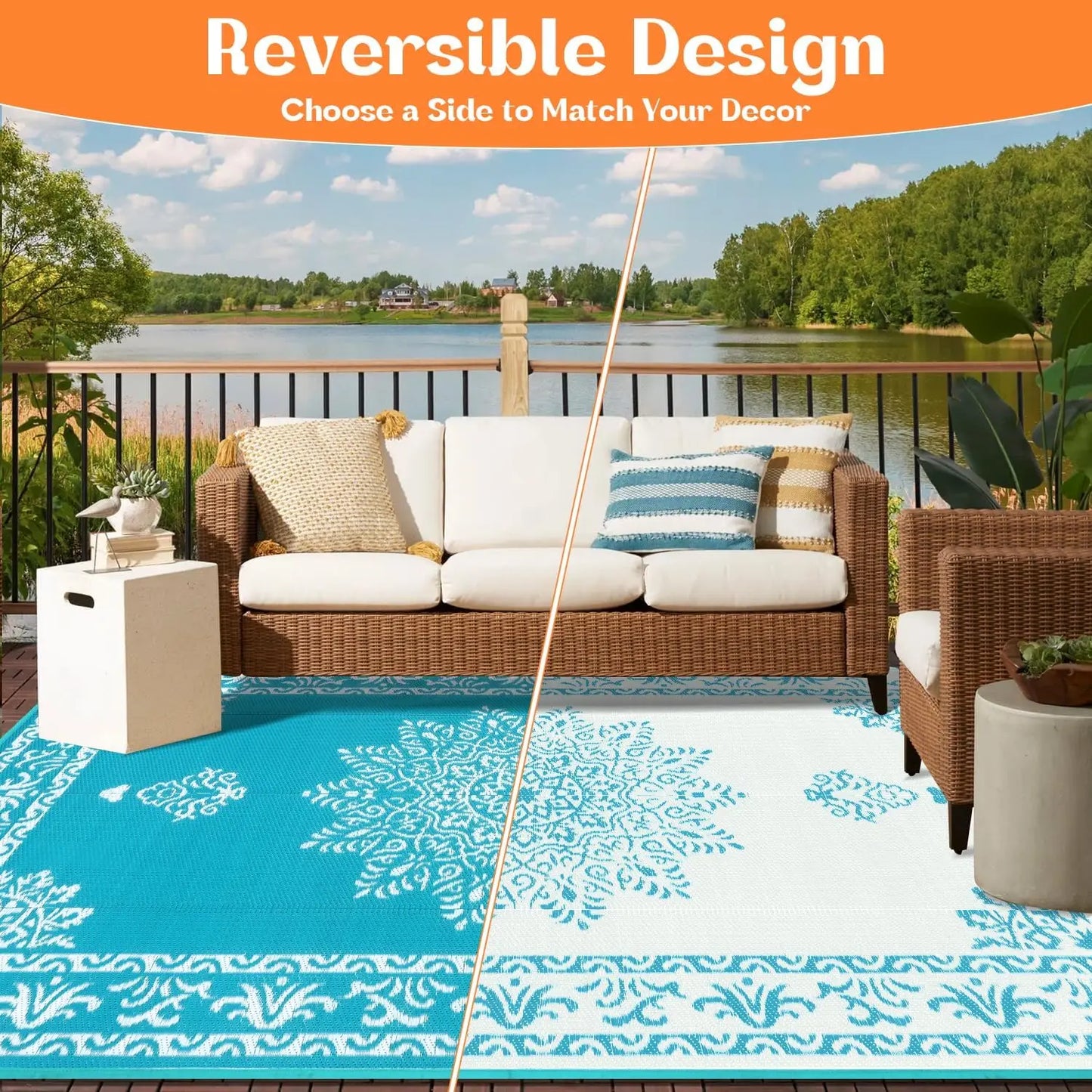 Waterproof Reversible Outdoor Rug UV Resistant Portable Mat Patio