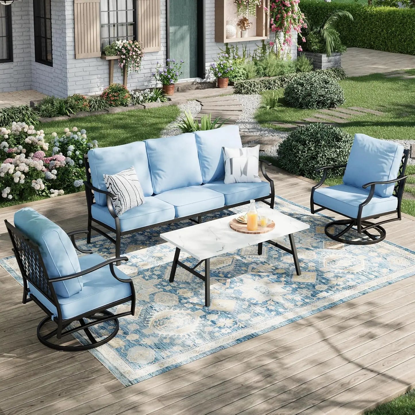 Patio Furniture Set 4-Piece Outdoor Metal Includes Sofa Swivel Chairs