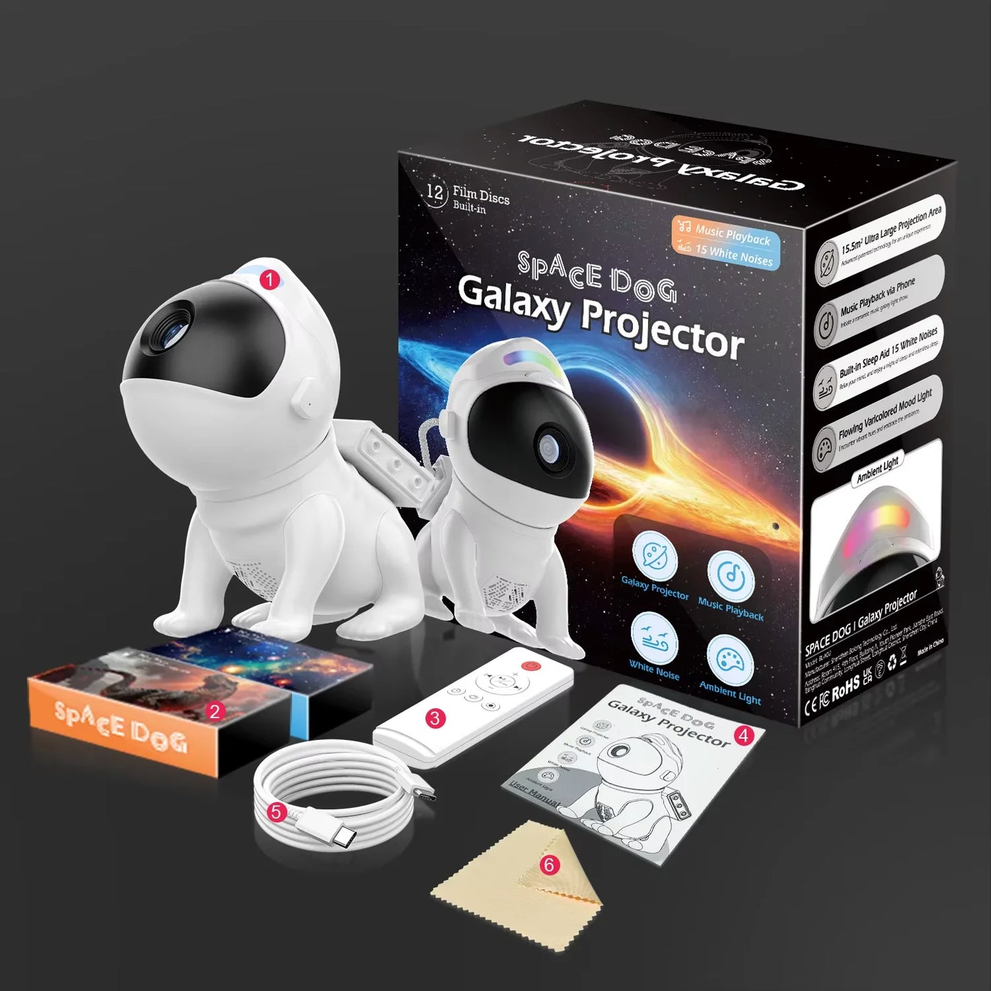 AUSYLE Star Projector Night Light Space Dog Galaxy Discs
