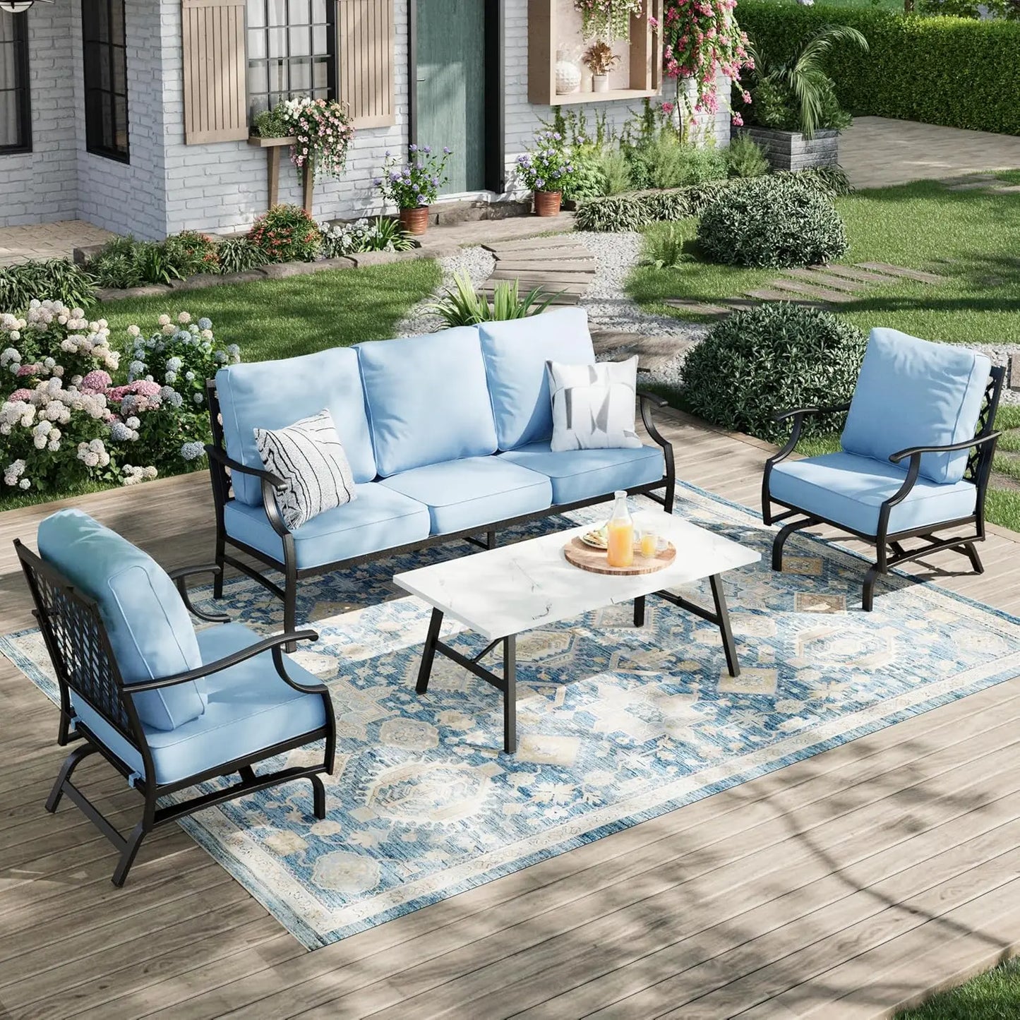 Patio Furniture Set 4-Piece Outdoor Metal Includes Sofa Swivel Chairs