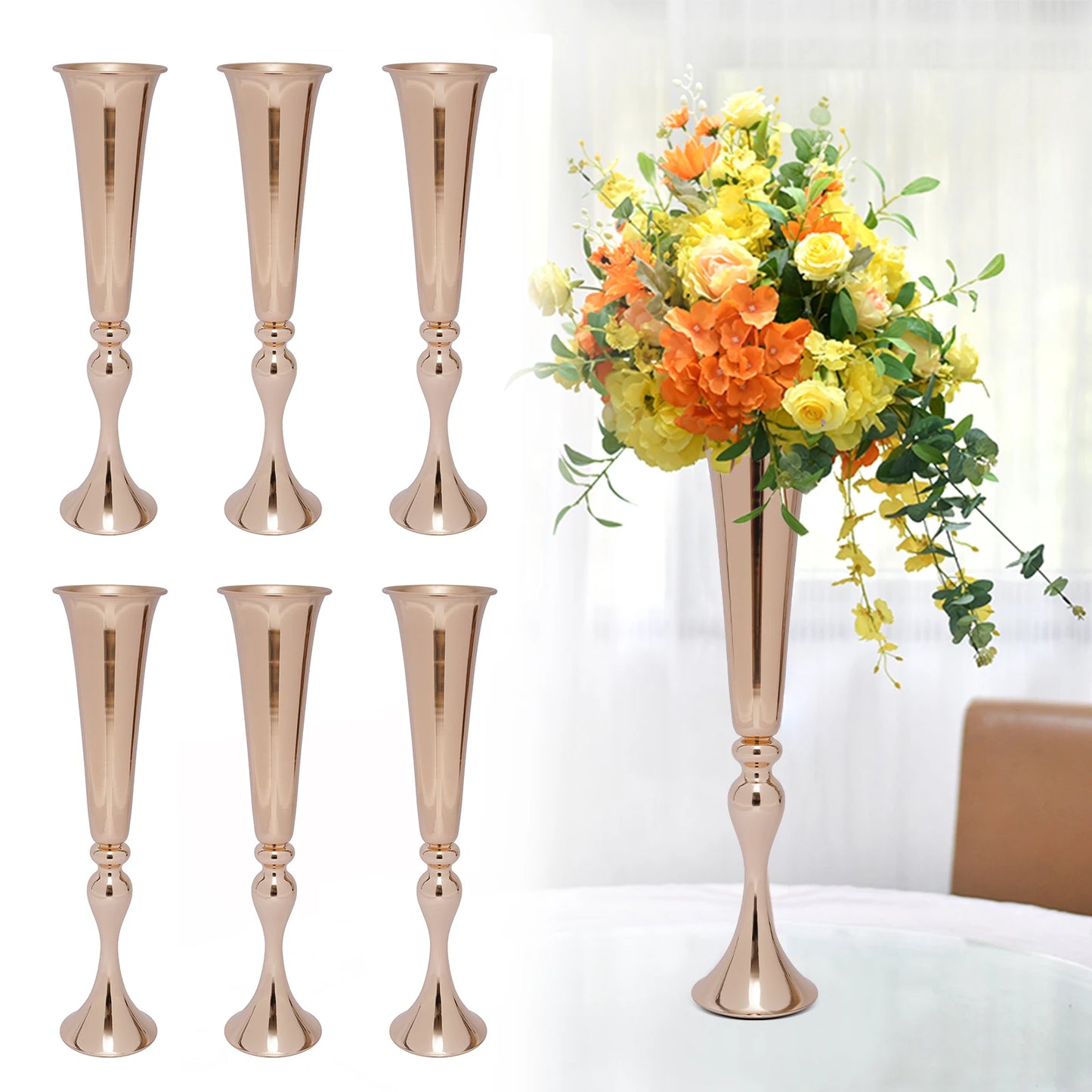 Gold Trumpet Vases Set for Wedding Centerpieces and Table Decor
