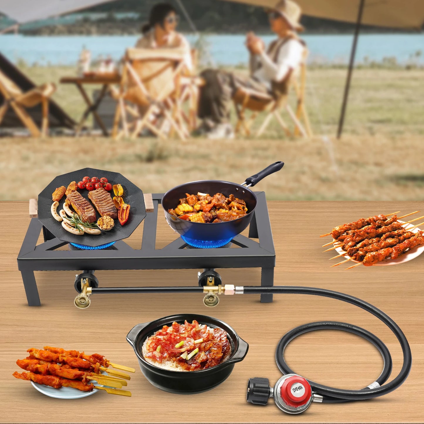 Portable Outdoor Double Burner Gas Stove With Adjustable Regulator Hose