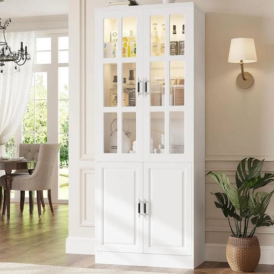 GUANGBAI Kitchen Pantry Storage Cabinet With LED Lights Glass Doors