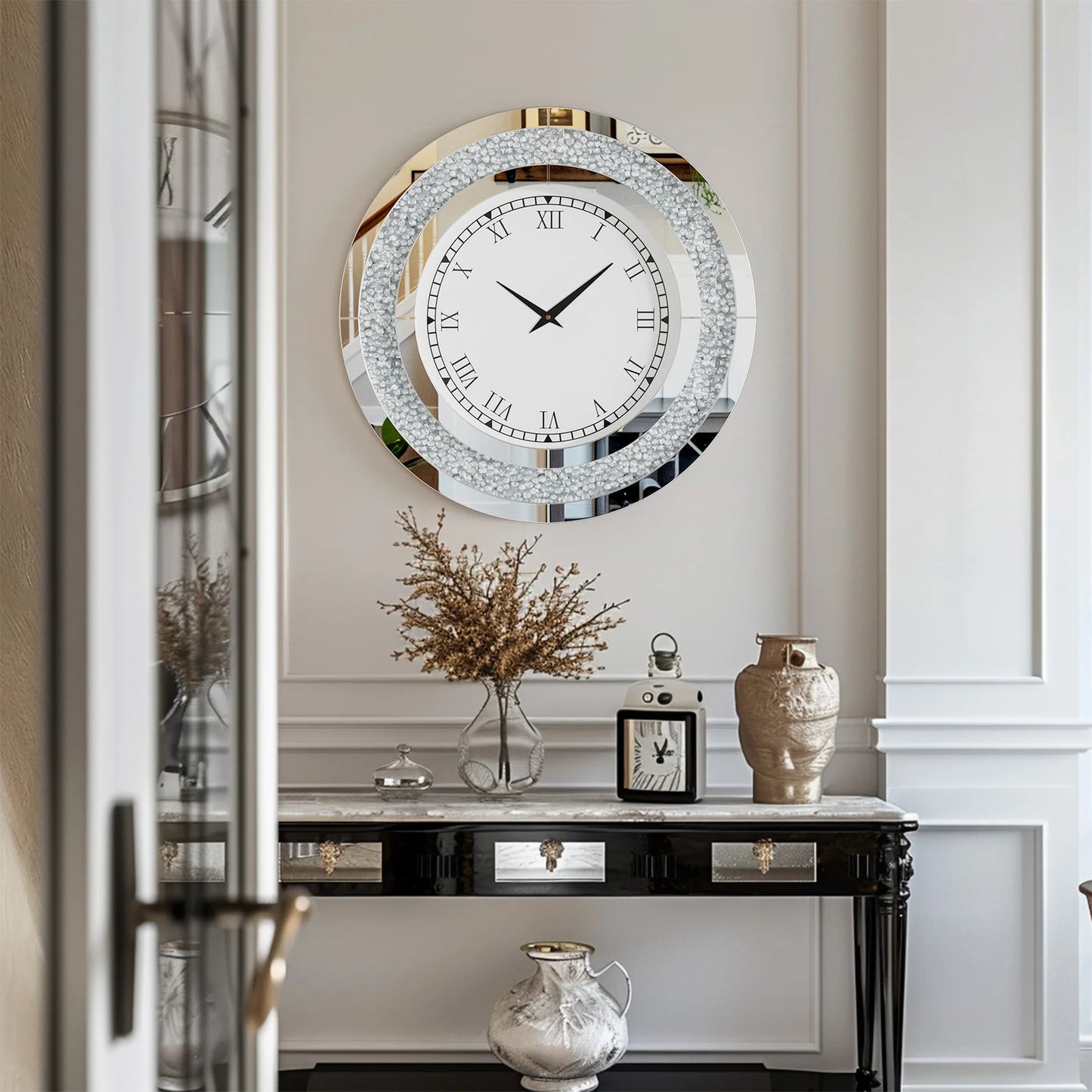 Round Mirror And Wall Clock For Living Room Crystal Sparkle